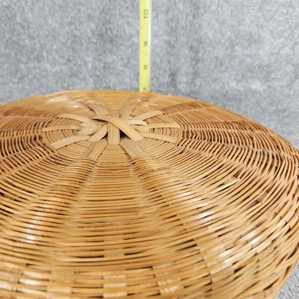 Woven Bamboo Basket Natural Tan Lidded Round Boho Storage Decor